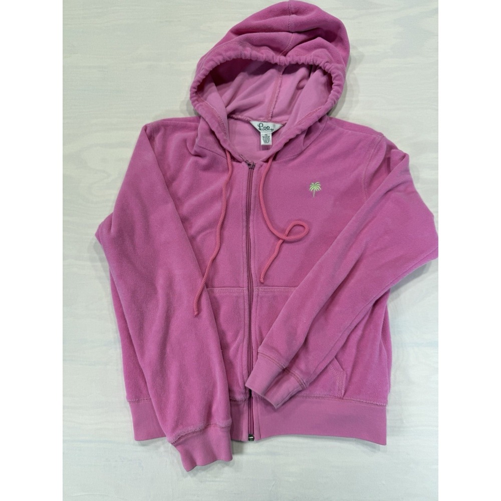 VTG Lilly Pulitzer Pink Velour Zip Up Hooded Sweatshirt Womens Petite Small Y2K